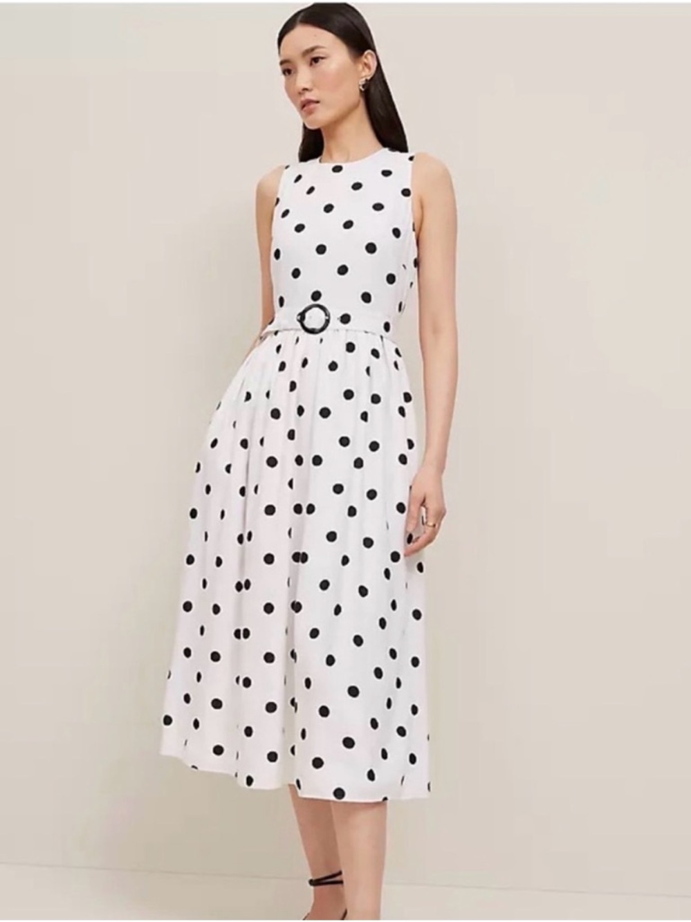 Ann Taylor White Linen Midi Dress with Black Polka Dots and Belt